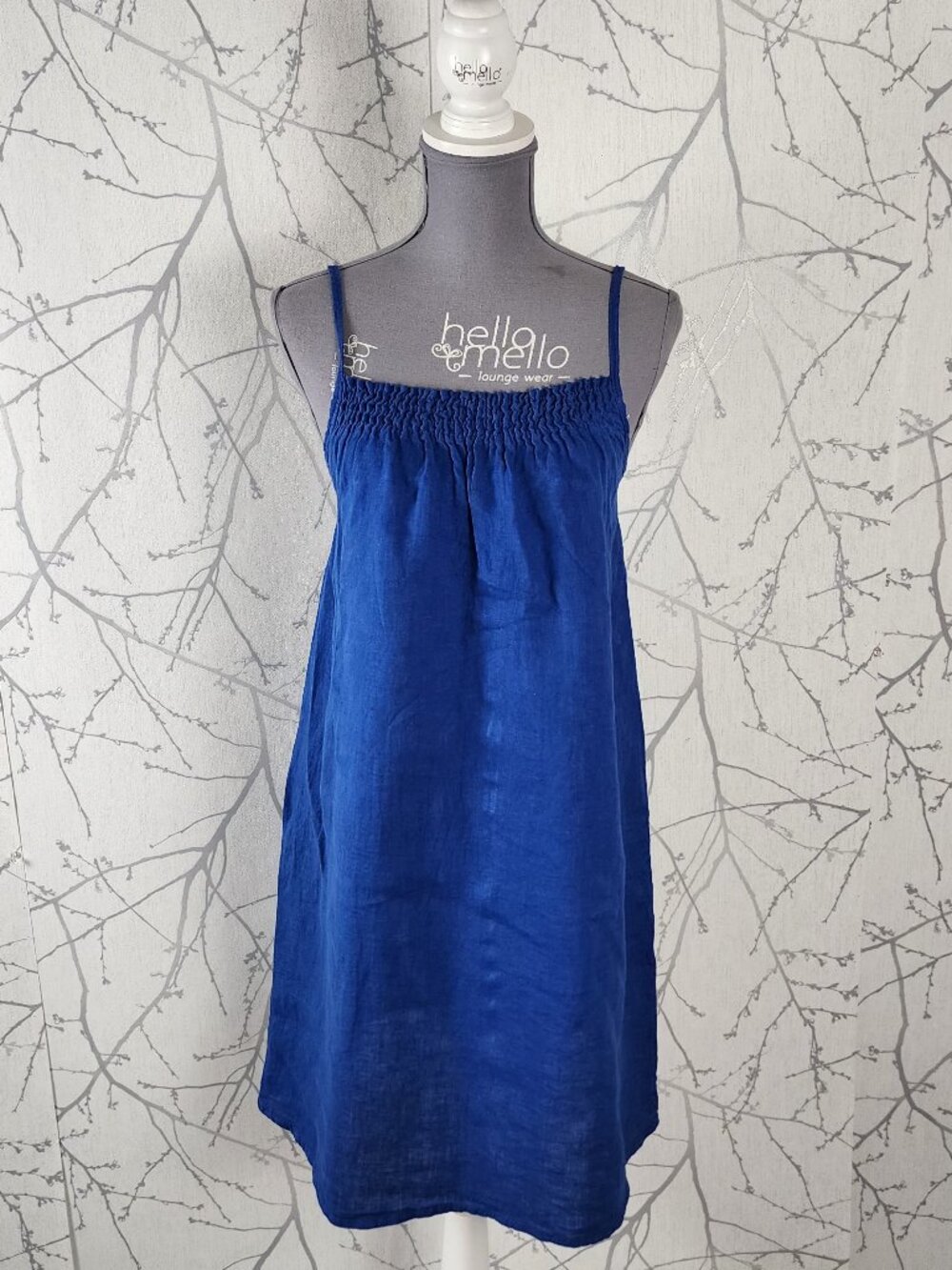 Stella Martini Royal Blue 100% Linen Strappy Smocked Dress